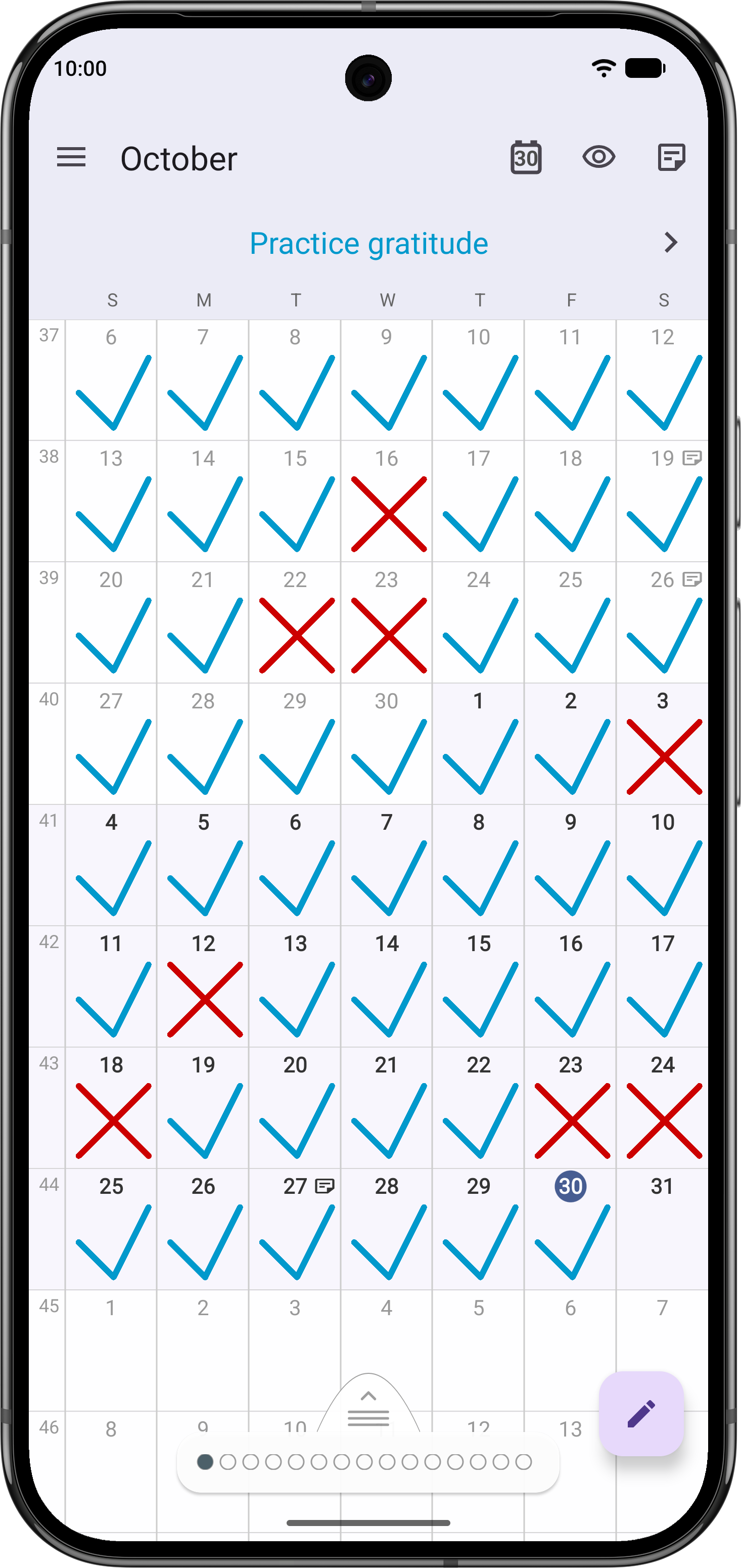 Monthly calendar showing an example habit’s completed days