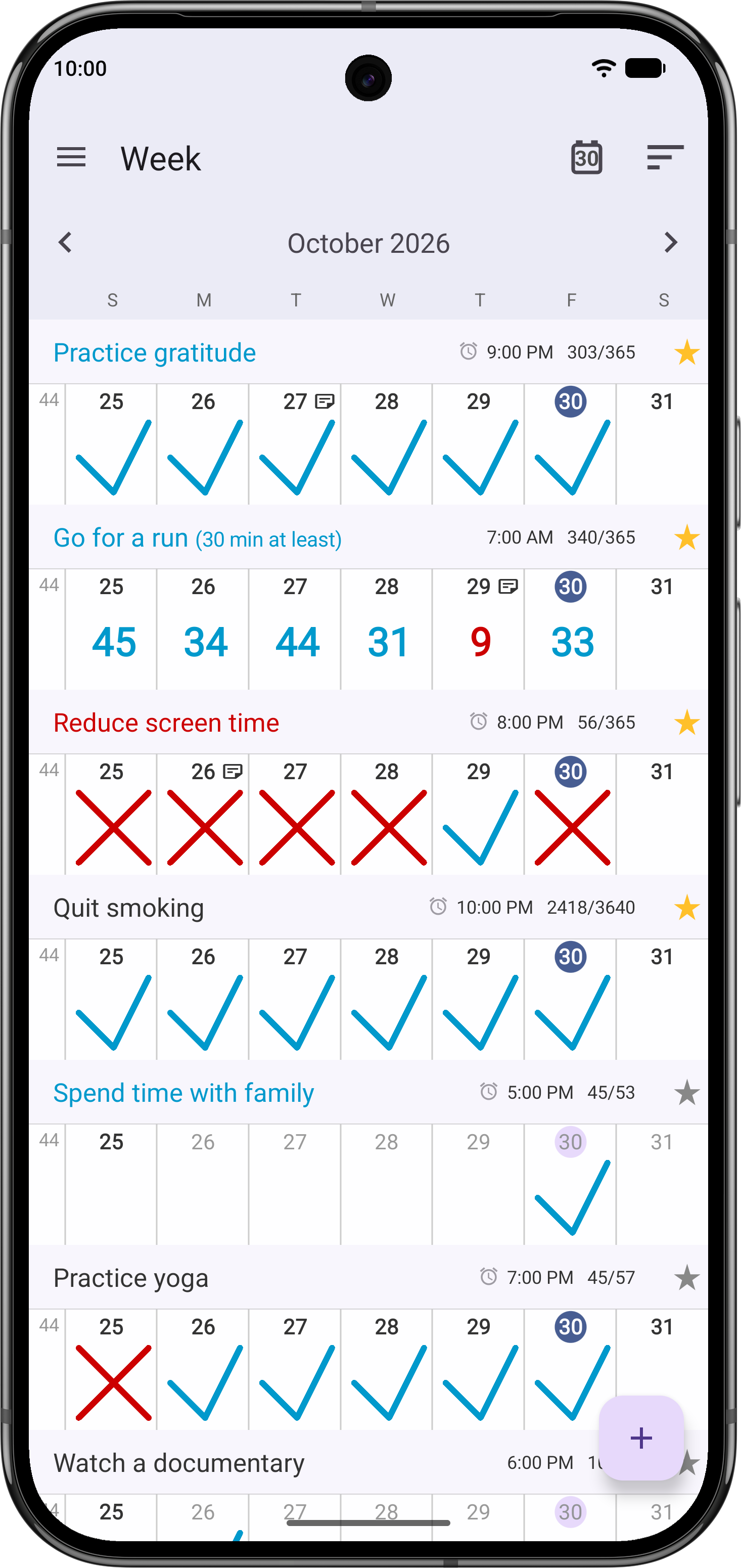 Weekly view with example habits and daily checkmarks